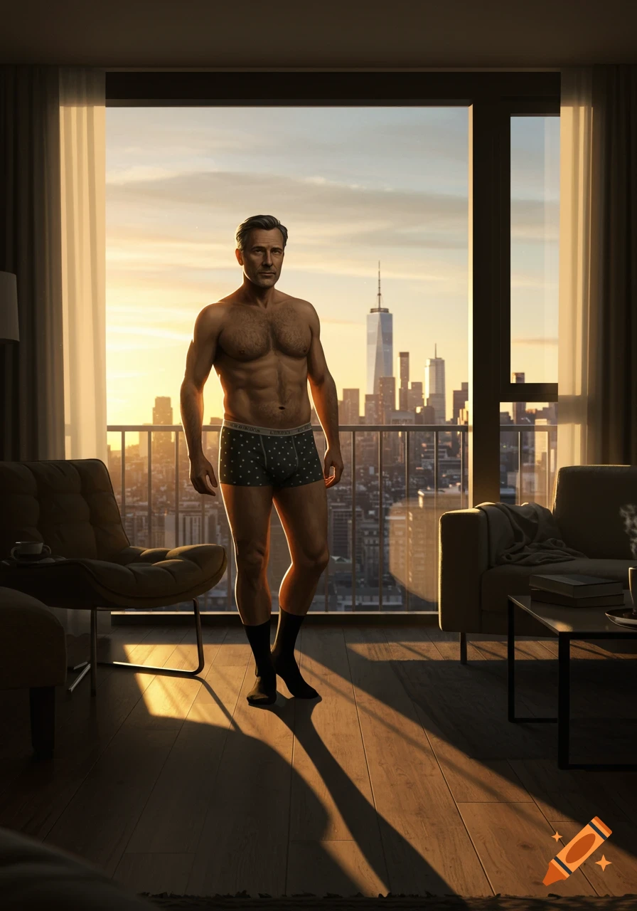 A photorealistic image of a shirtless man in boxer briefs and black socks standing by a window with a city skyline at sunrise.
