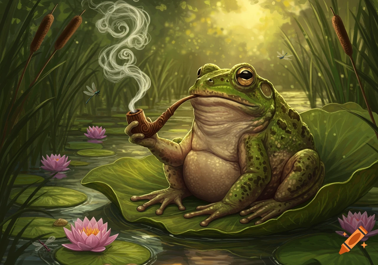 A whimsical illustration of a bullfrog sitting on a lily pad, smoking a pipe in a swamp with water lilies and cattails.
