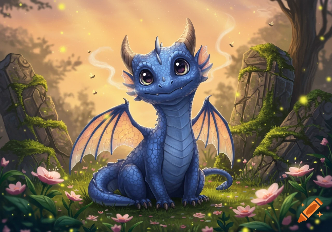 A cute blue dragon with large eyes and small wings sits in a field of pink flowers, surrounded by glowing fireflies at sunset.