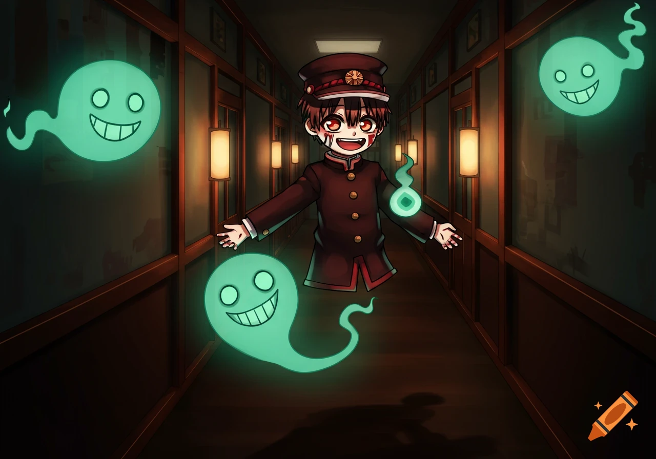 An anime character, Hanako-kun, in a school uniform with red markings on his face, floats in a dark school hallway surrounded by glowing green smiling ghosts.