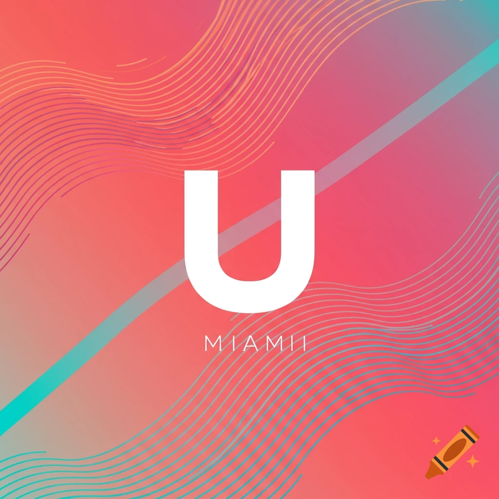 White letter U and 'M IAMII' over a pink and orange gradient background with wavy lines and a diagonal turquoise stripe.