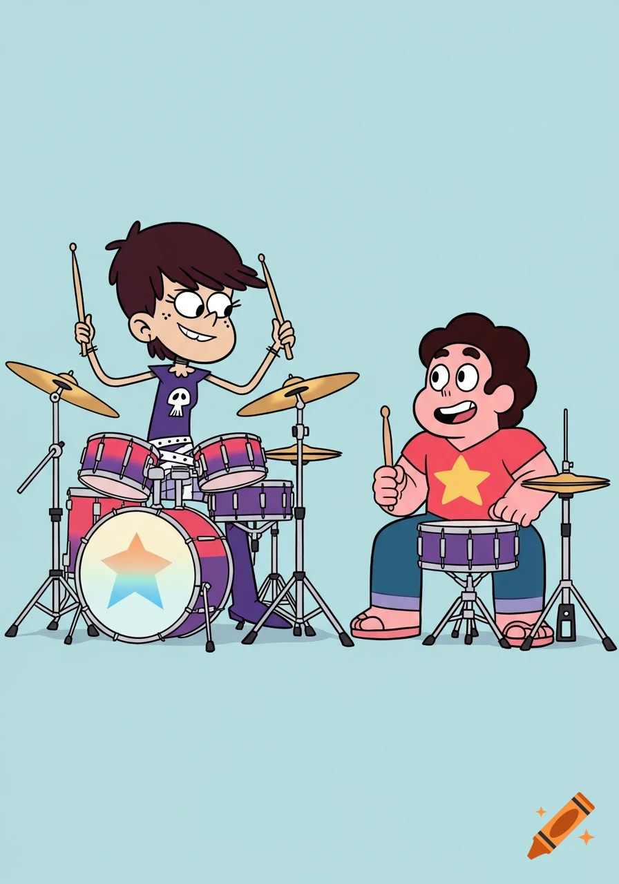 Cartoon characters Luna Loud and Steven Universe happily play drums on a light blue background.