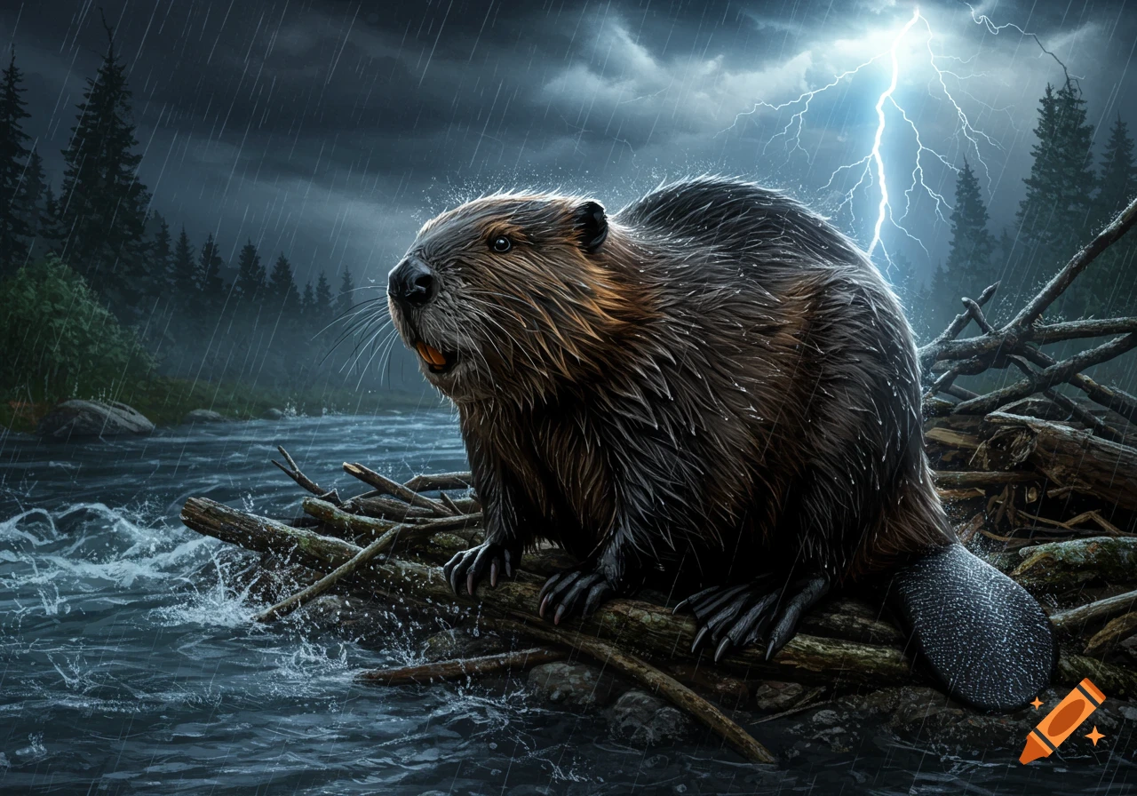 A photorealistic beaver stands on a log dam in a river during a stormy night with rain and a bright lightning strike.