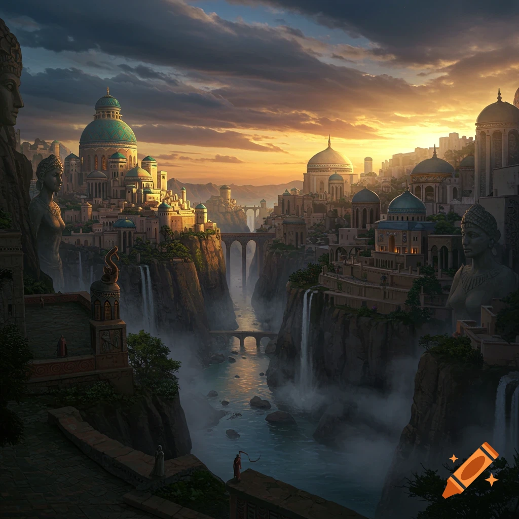A grand fantasy city built into cliffs with waterfalls and a river, under a dramatic sunset sky, featuring large statues.