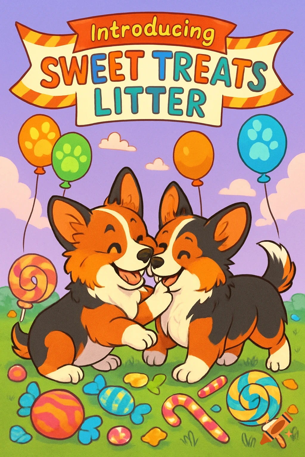 Cartoon corgi puppies playing in candy with paw print balloons and a 'Introducing Sweet Treats Litter' banner in a vibrant, cute style.