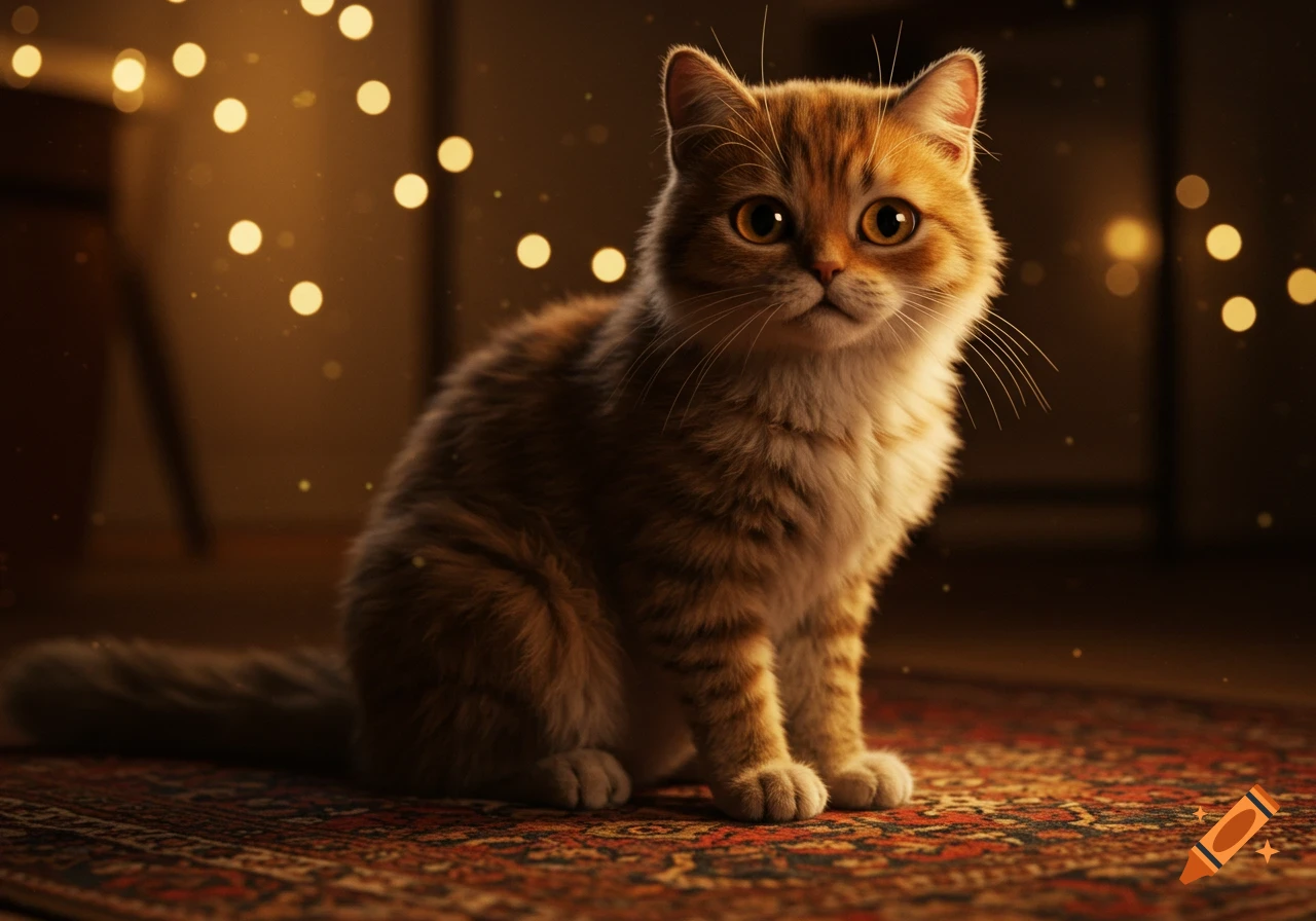 A fluffy orange tabby cat with large, expressive eyes sits on a patterned rug, surrounded by warm, soft bokeh lights.