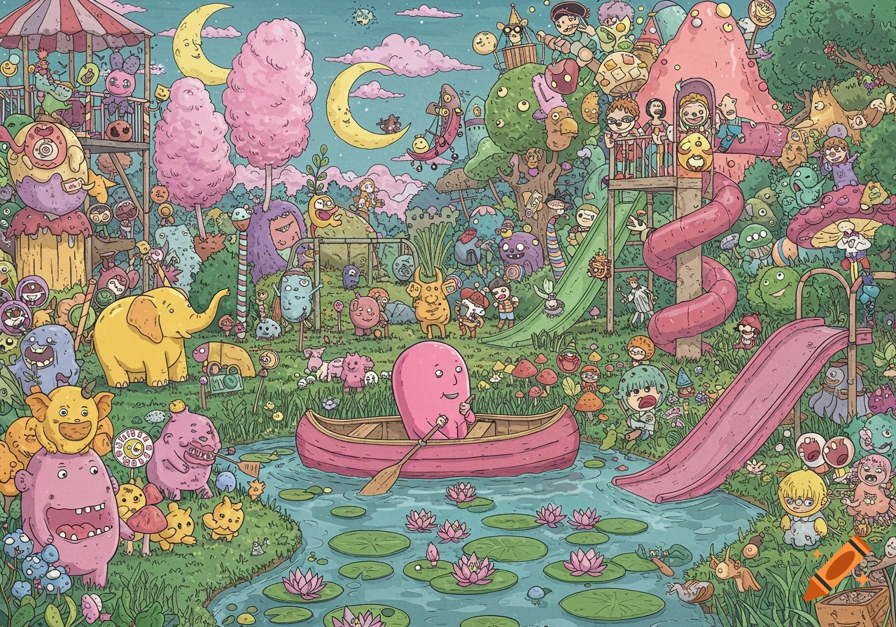 Detailed, whimsical seek-and-find illustration of a pink man in a canoe amidst colorful monsters, children, slides, and trees in a fantasy landscape.