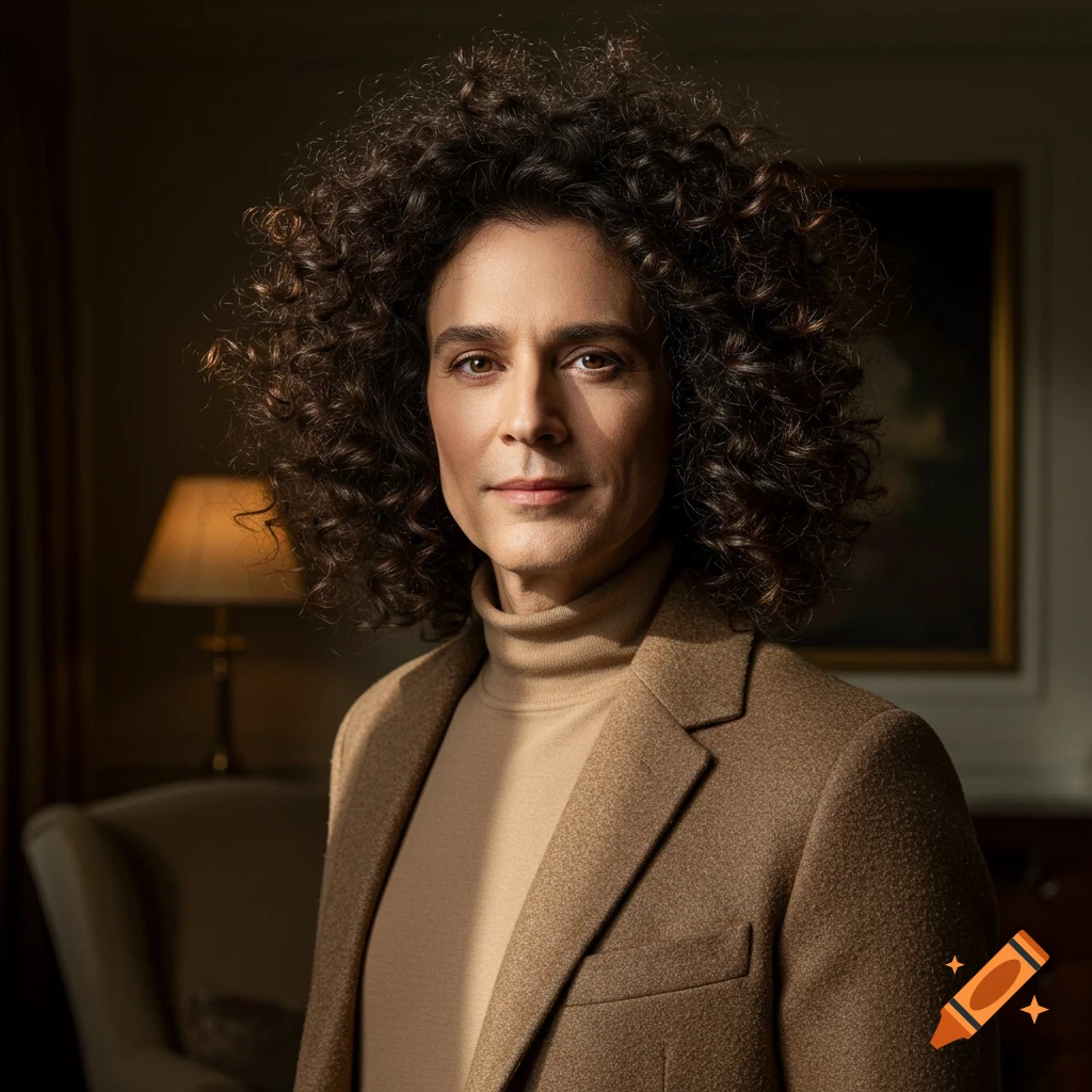 Photorealistic portrait of a person with dark curly hair in a tan turtleneck and brown blazer, softly lit indoors.