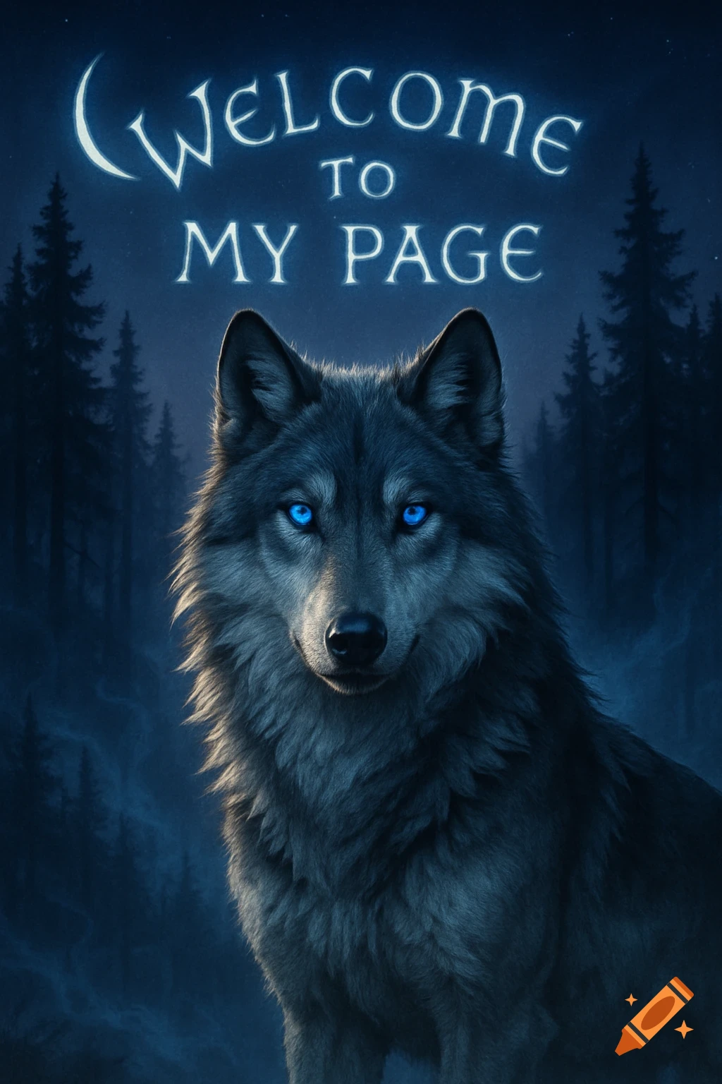 A grey wolf with glowing blue eyes looks out from a dark forest under glowing text that reads "WELCOME TO MY PAGE".