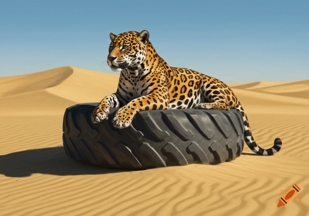 A photorealistic jaguar lies on a large tire in a vast sandy desert with dunes under a clear blue sky.