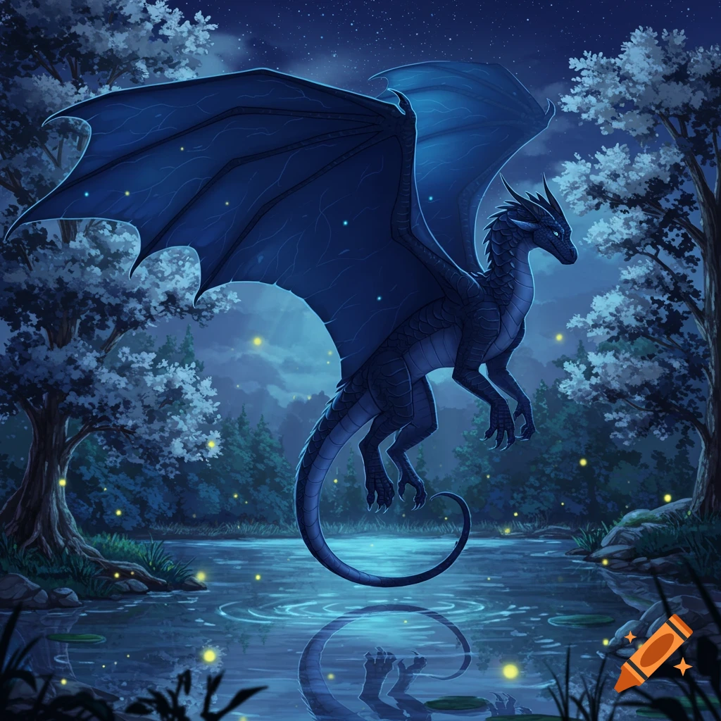 A dark blue dragon with large wings flies over a reflective body of water at night, surrounded by trees and glowing fireflies.