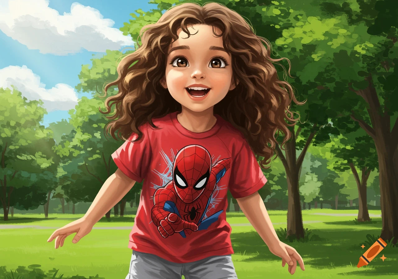 A smiling cartoon girl with brown curly hair and a red Spider-Man shirt stands in a sunny green park.