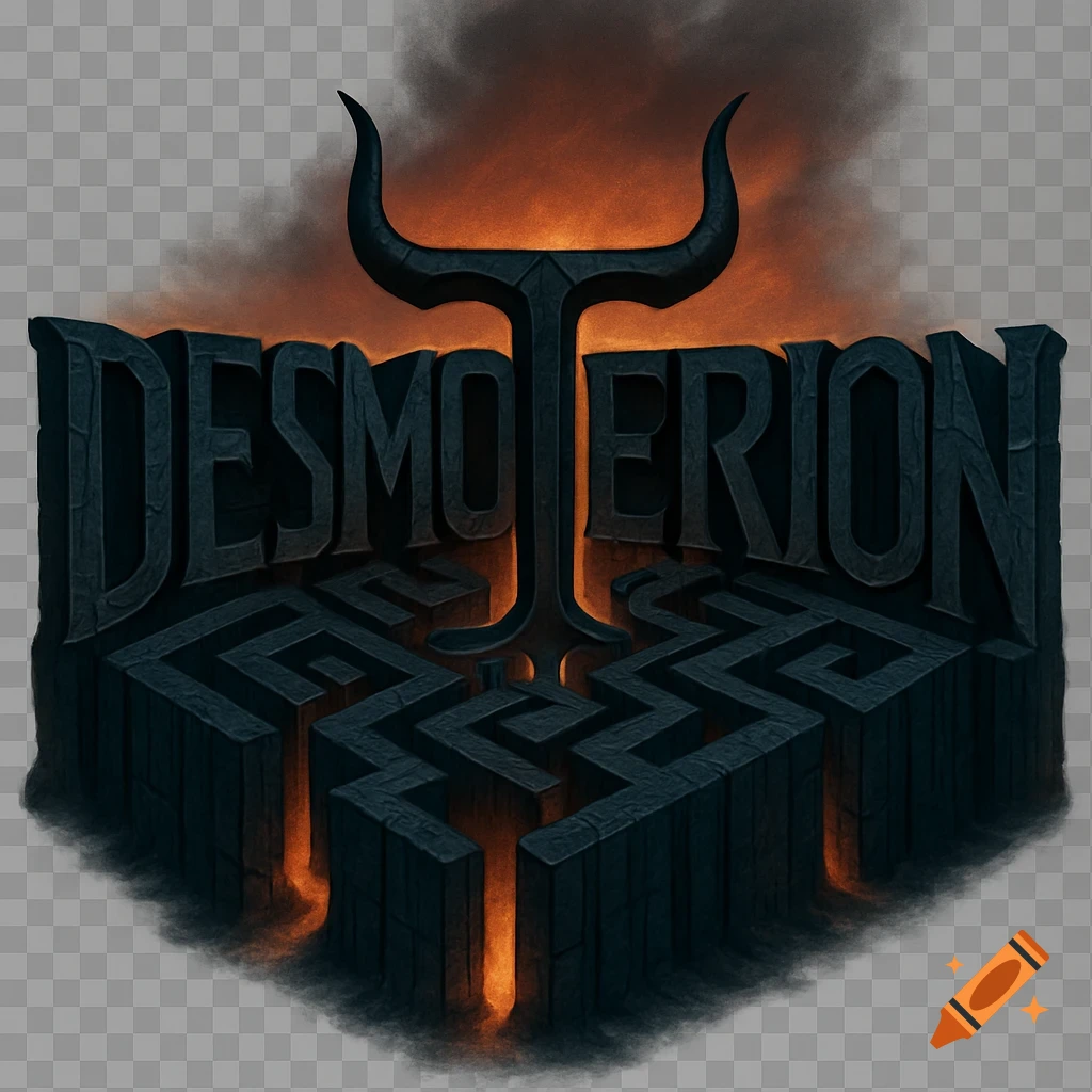 Stylized word 'DESMOTERION' as a dark basalt maze with an orange glow, bull horns, and smoke, on a transparent background.