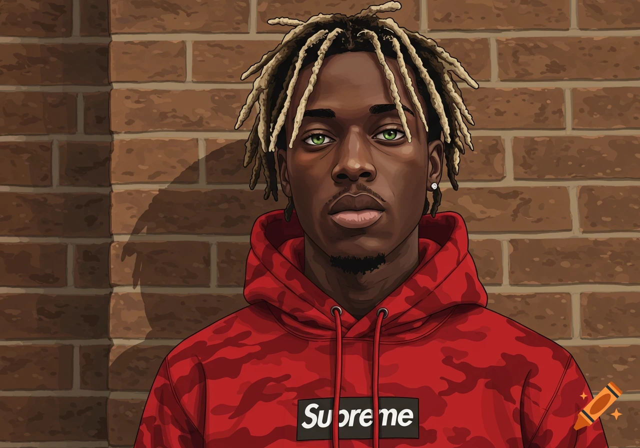 Cartoon portrait of a young Black man with dreadlocks and green eyes, wearing a red camouflage Supreme hoodie against a brick wall.