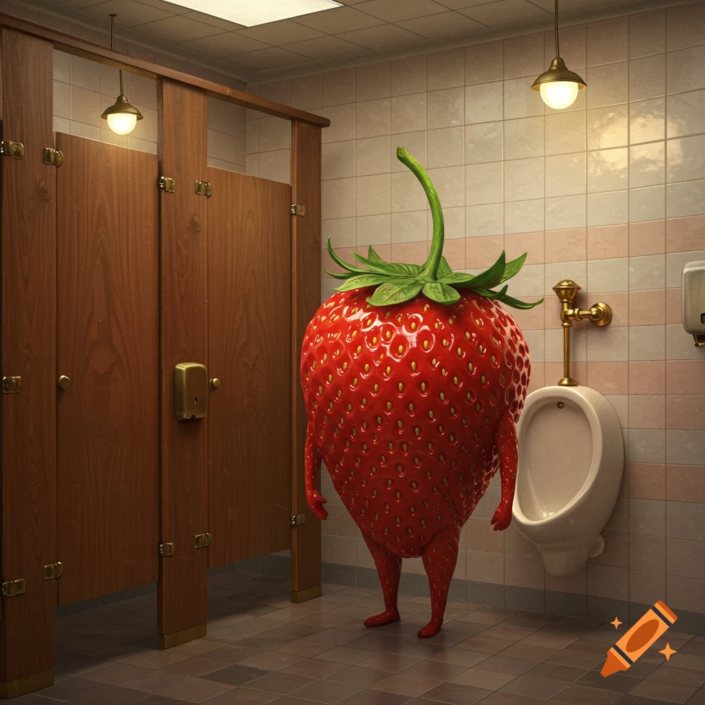 A photorealistic anthropomorphic strawberry character stands in a public restroom next to a urinal.