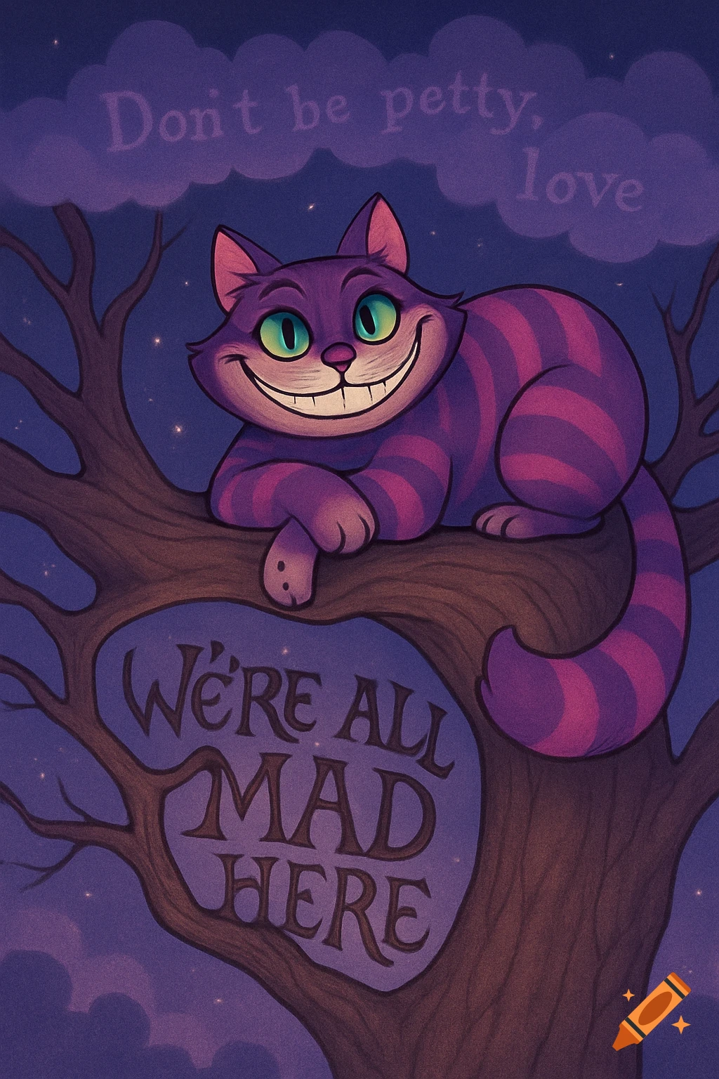 Cartoon Cheshire Cat with a wide smile sits on a tree at night, with 'Don't be petty, love' in clouds and 'We're all mad here' in branches.