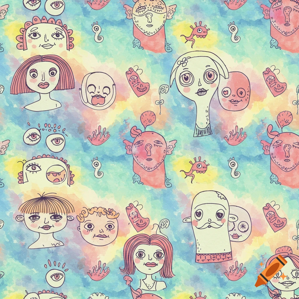 A vibrant watercolor seamless pattern filled with quirky, whimsical doodle faces and abstract creatures on a colorful background.
