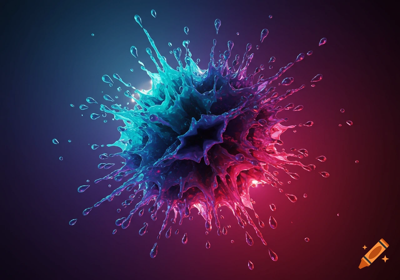 Abstract splash of vibrant blue and red liquid against a dark background