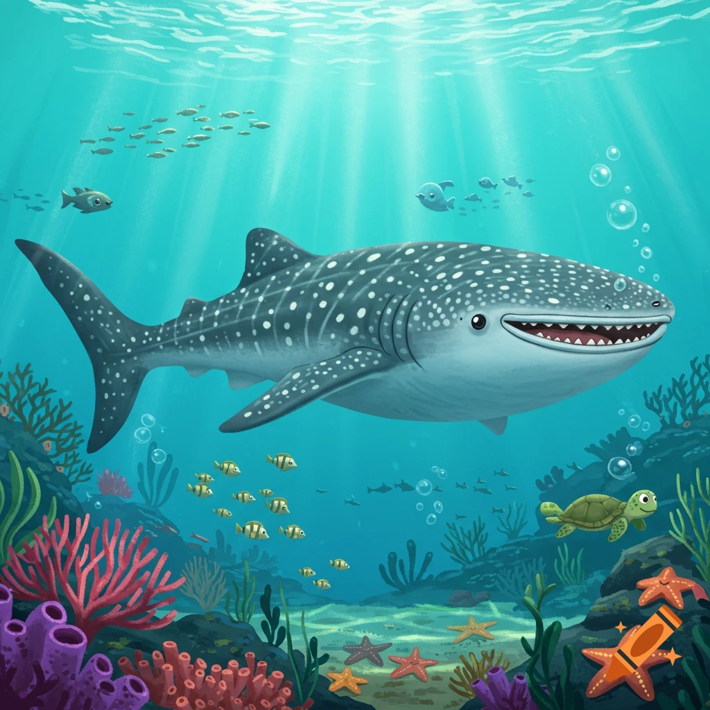 A smiling cartoon whale shark swims through a vibrant coral reef with fish, a sea turtle, and starfish.