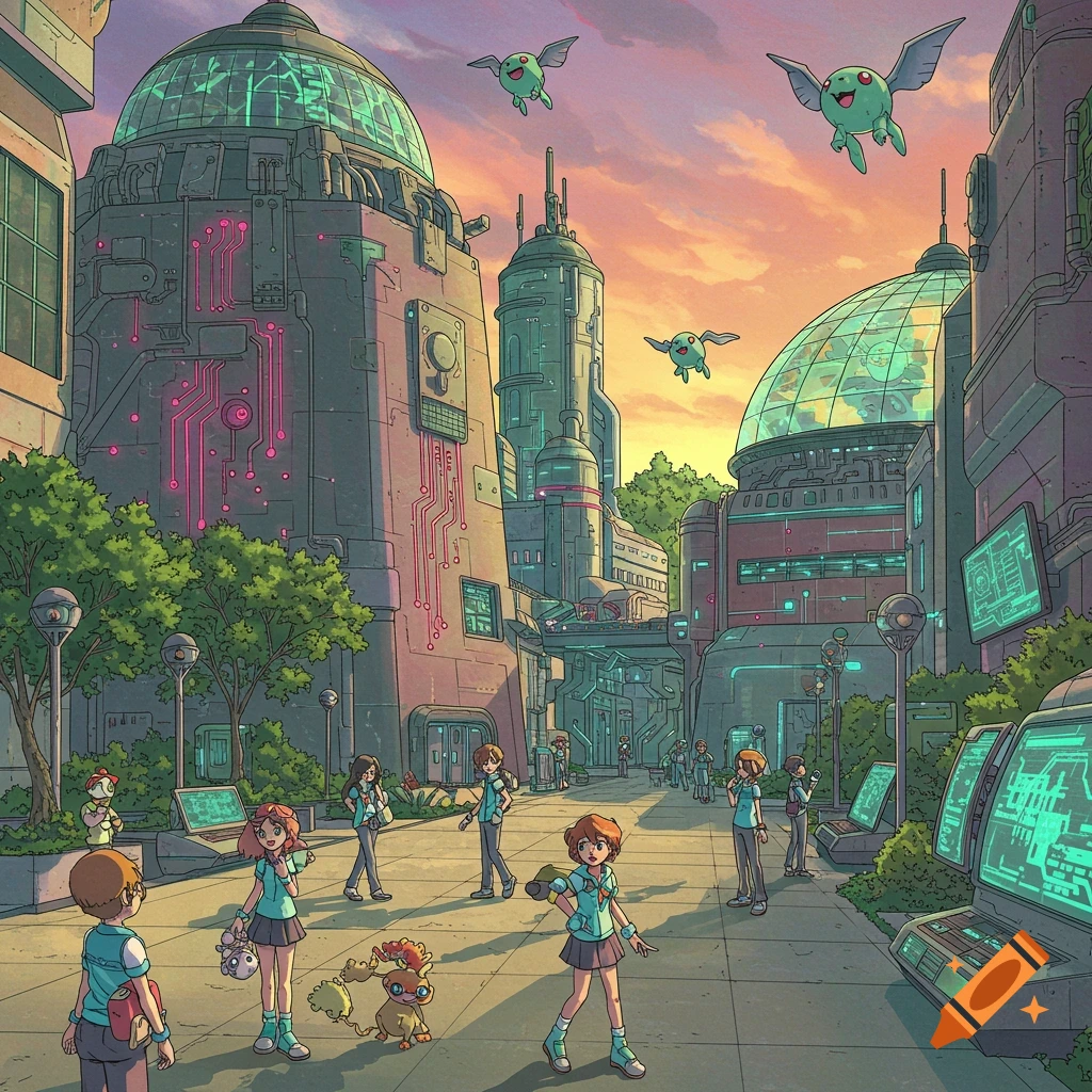 Anime-style futuristic city street with students and winged creatures, tech buildings with glowing circuits at sunset.