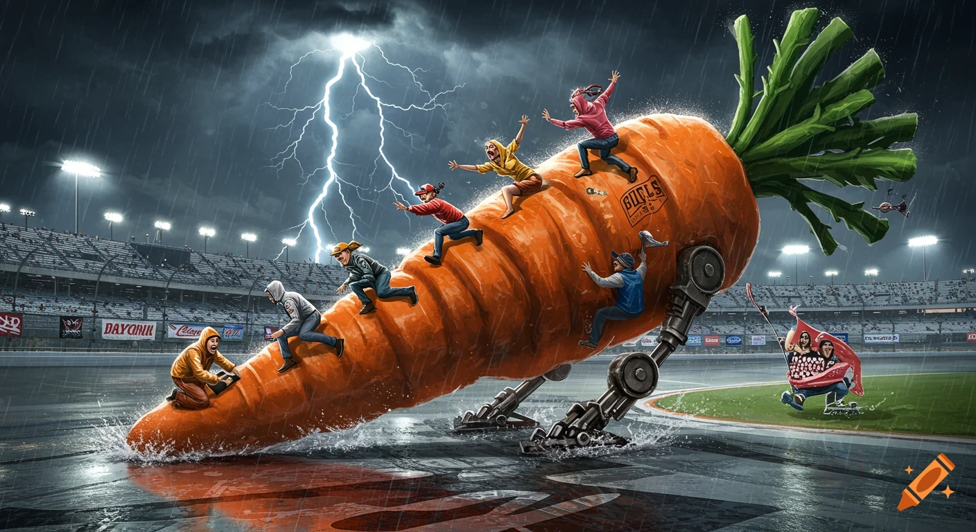 Surreal illustration of people riding a giant, bent mechanical carrot on a rain-slicked Daytona International Speedway during a lightning storm, with fans in the stands.