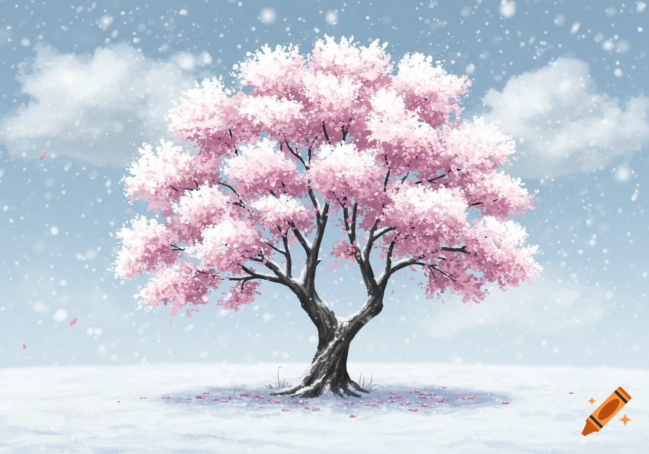 An illustration of a cherry blossom tree with pink flowers standing in a snowy landscape under a light blue sky with falling snow.