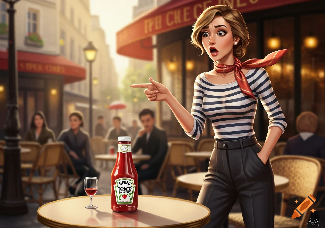 A surprised French woman in a striped shirt and red scarf points at a bottle of Heinz ketchup and a wine glass on a cafe table in a Parisian street scene.