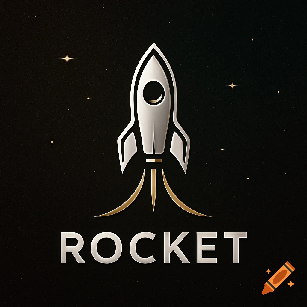 A minimalist silver rocket logo with gold exhaust trails against a dark, starry background, featuring the text 'ROCKET'.