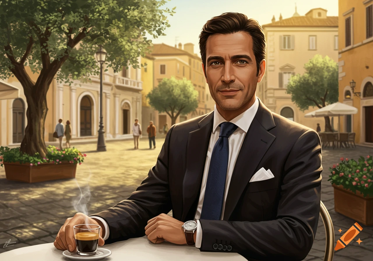 Photorealistic illustration of a man in a suit drinking espresso at an outdoor cafe in an Italian town square.