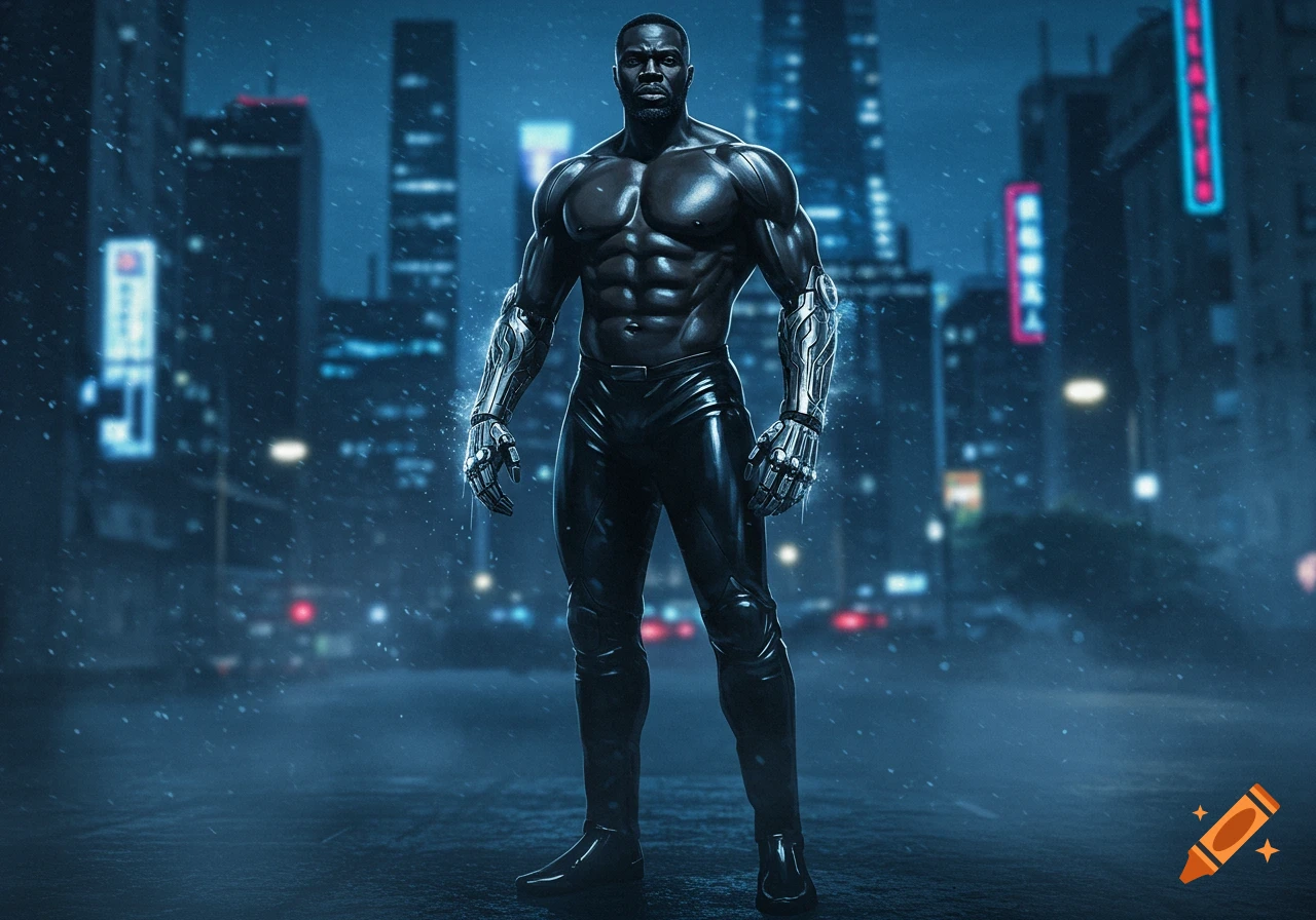A muscular Black man with metallic gauntlets stands shirtless in black latex pants in a rainy cyberpunk city street at night.