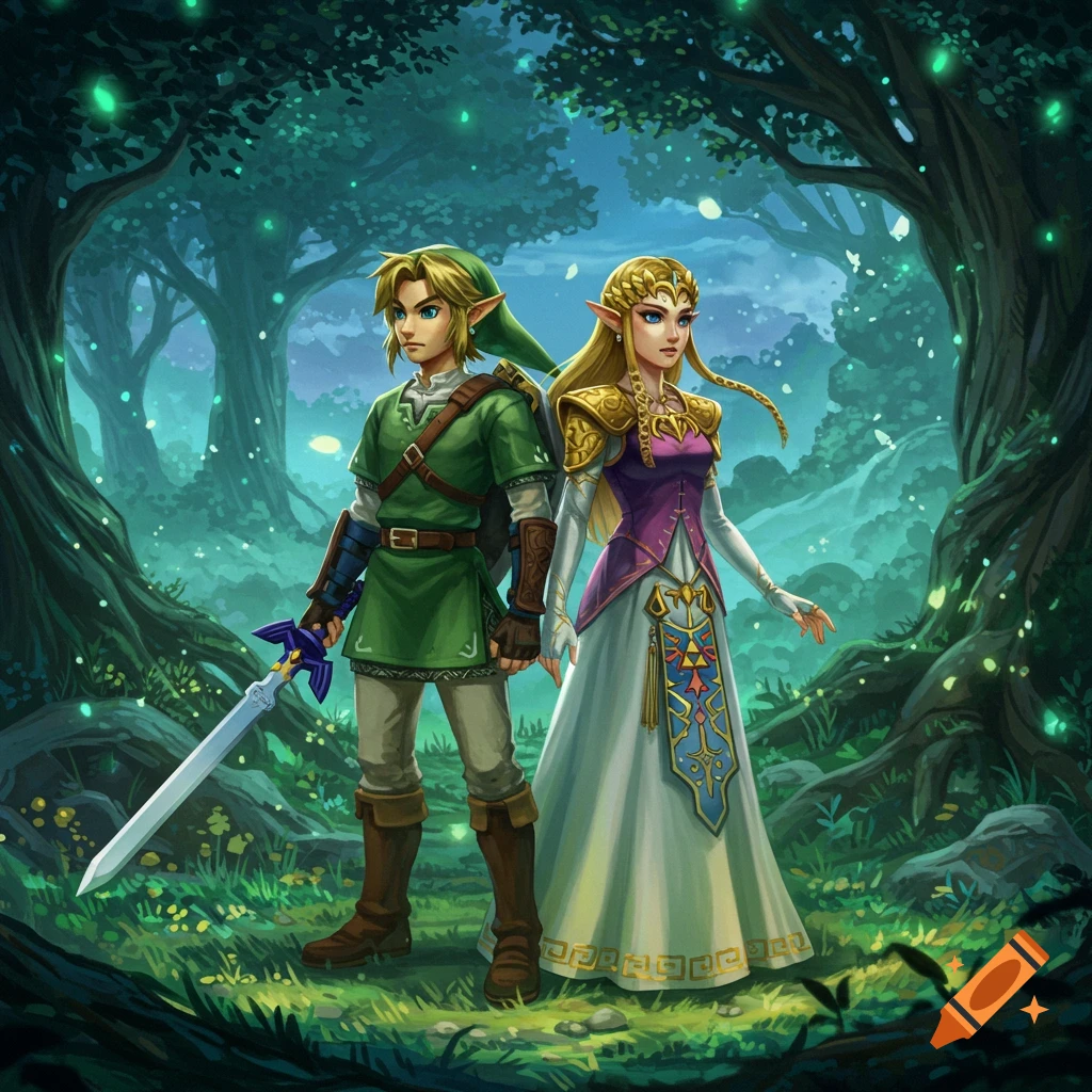 Link and Zelda stand together in a magical, glowing forest with blue and green hues, in a digital art style.