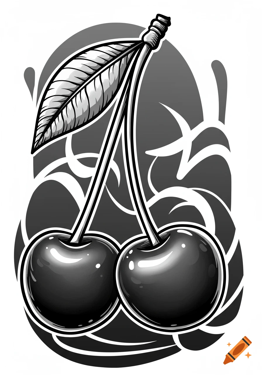 Black and white stylized drawing of two cherries with a single leaf on a stem, set against a gray abstract background.