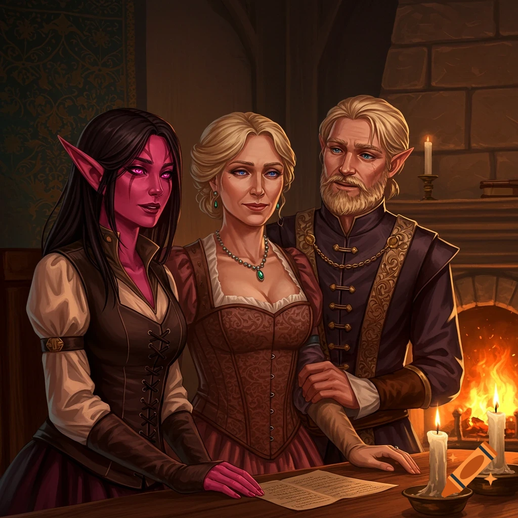 Three fantasy characters, a red-skinned elf, a blonde human woman, and a blonde human man, sit at a table by a fireplace.