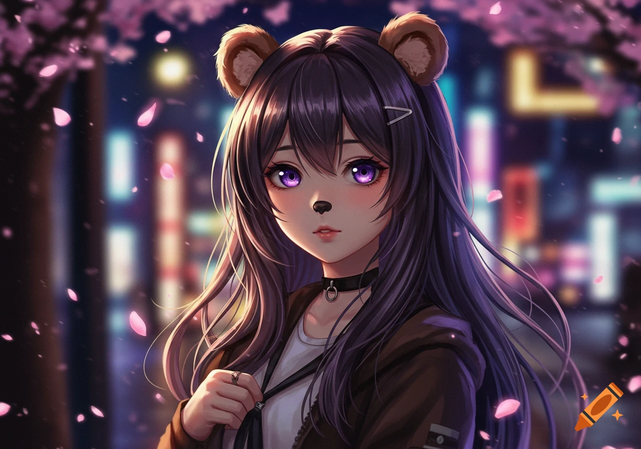 An anime girl with purple hair, bear ears, a black nose, and purple eyes, wearing a brown jacket, against a blurry night city with cherry blossoms.