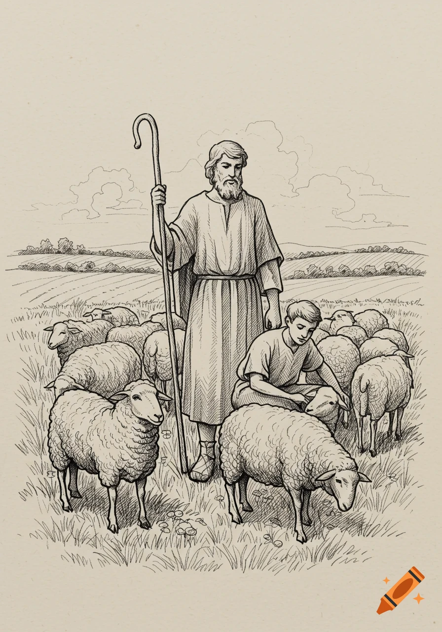 Sketch illustration of two shepherds, one tall with a crook and another kneeling with a sheep, in a field with a flock.