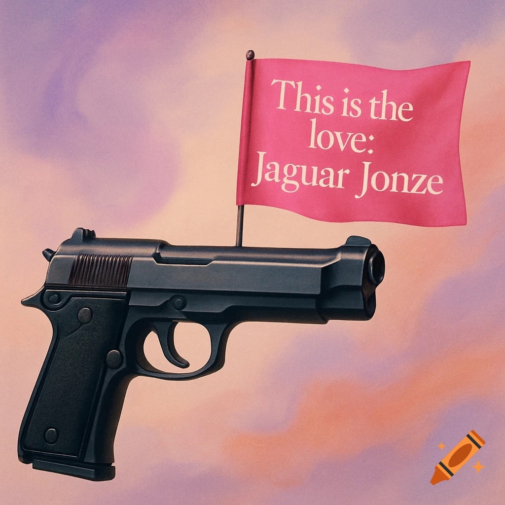 A black handgun with a pink flag protruding from its barrel, featuring the text 'This is the love: Jaguar Jonze' against a pastel sky.