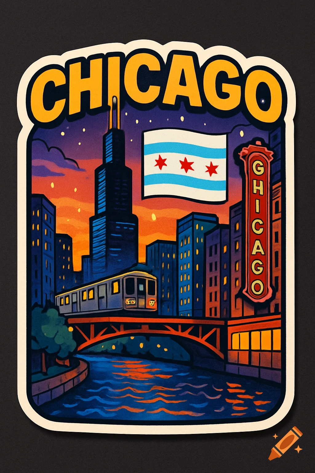 A stylized illustration of Chicago at sunset, featuring the Willis Tower, Chicago River, an L train on a bridge, and the Chicago flag, with "CHICAGO" text at the top and on a vertical sign.