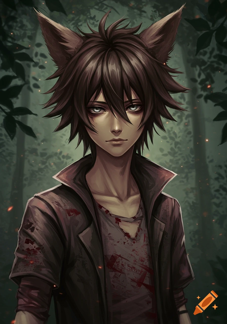 Anime boy with dark brown spiky hair, raccoon ears, and grey eyes, wearing a blood-splattered jacket in a dark forest.