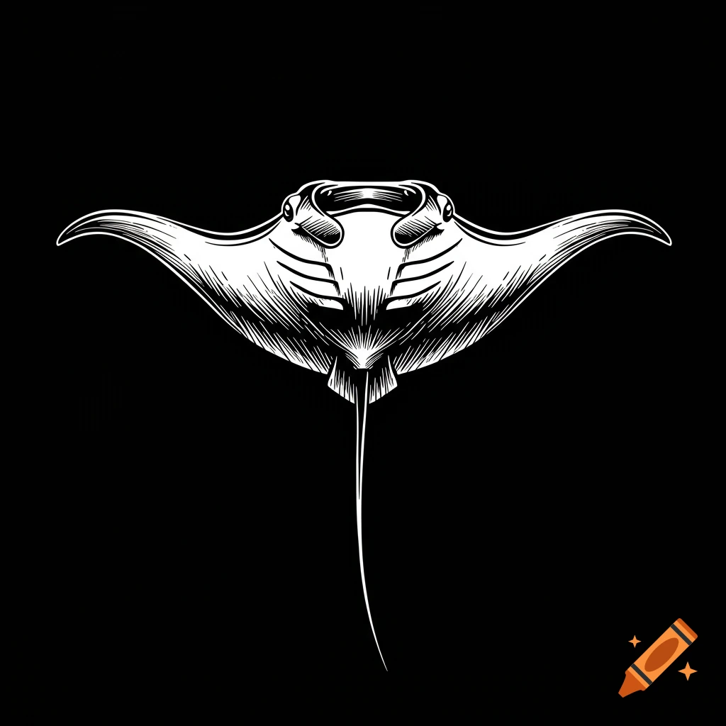 A stylized black and white illustration of a manta ray, rendered in a hand-drawn sketch and traditional tattoo art style.