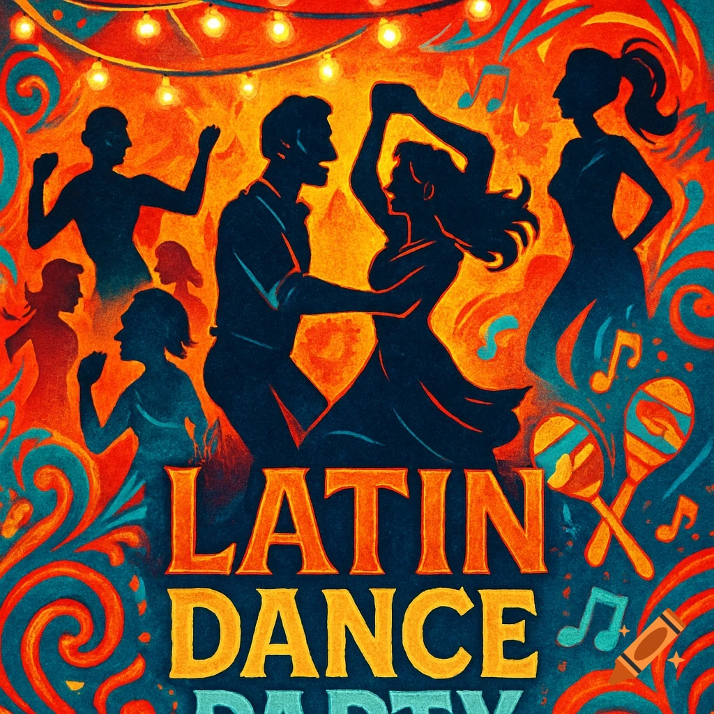 Vibrant illustration of silhouetted people dancing under string lights, with bold text 'LATIN DANCE PARTY'.