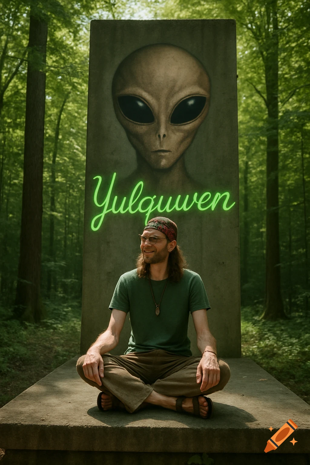 A man with long hair, glasses, and a headband sits cross-legged on a concrete platform in a forest, smiling, with a large alien portrait and 'Yulquwen' in neon green behind him.