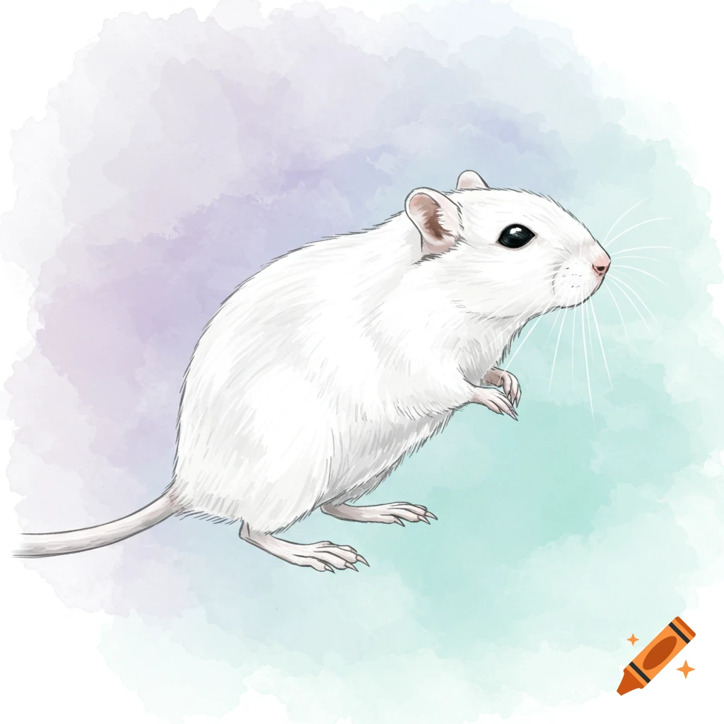 A white gerbil in a watercolor style drawing, standing on a soft pastel background.