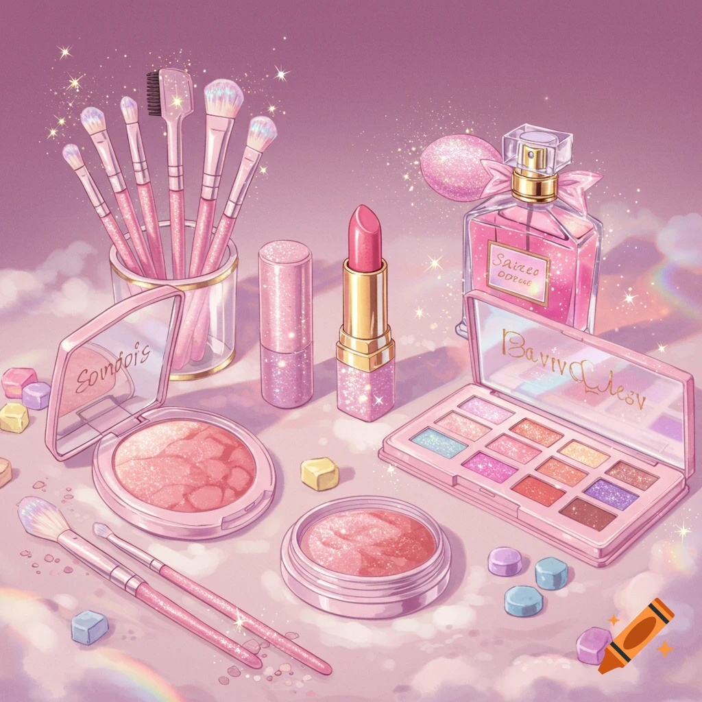 Banner for a Beauty Retail Store With Makeup Products and Confetti, Light  Purple Background created on Craiyon, image size:1024x1024