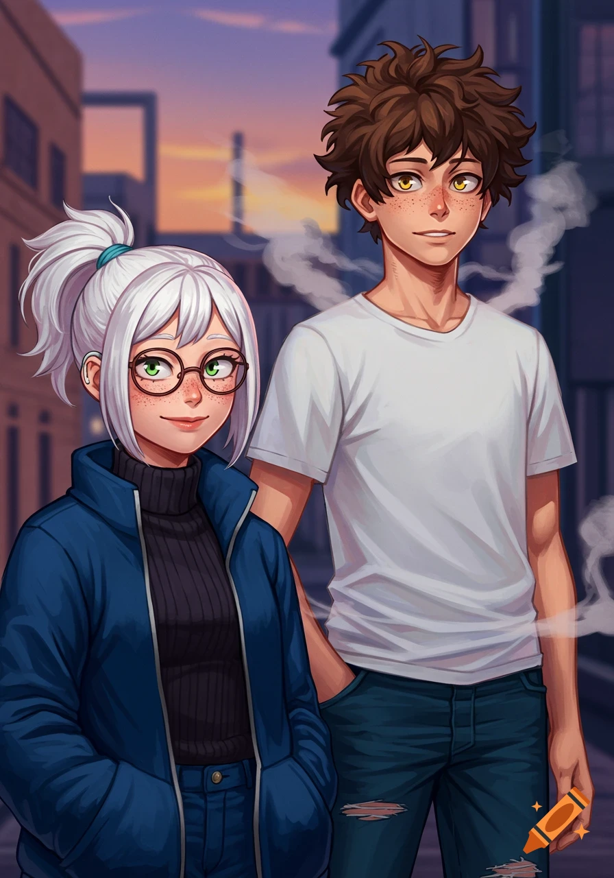 Anime-style portrait of a white-haired girl with glasses and a brown-haired boy with freckles, standing in a city at sunset.
