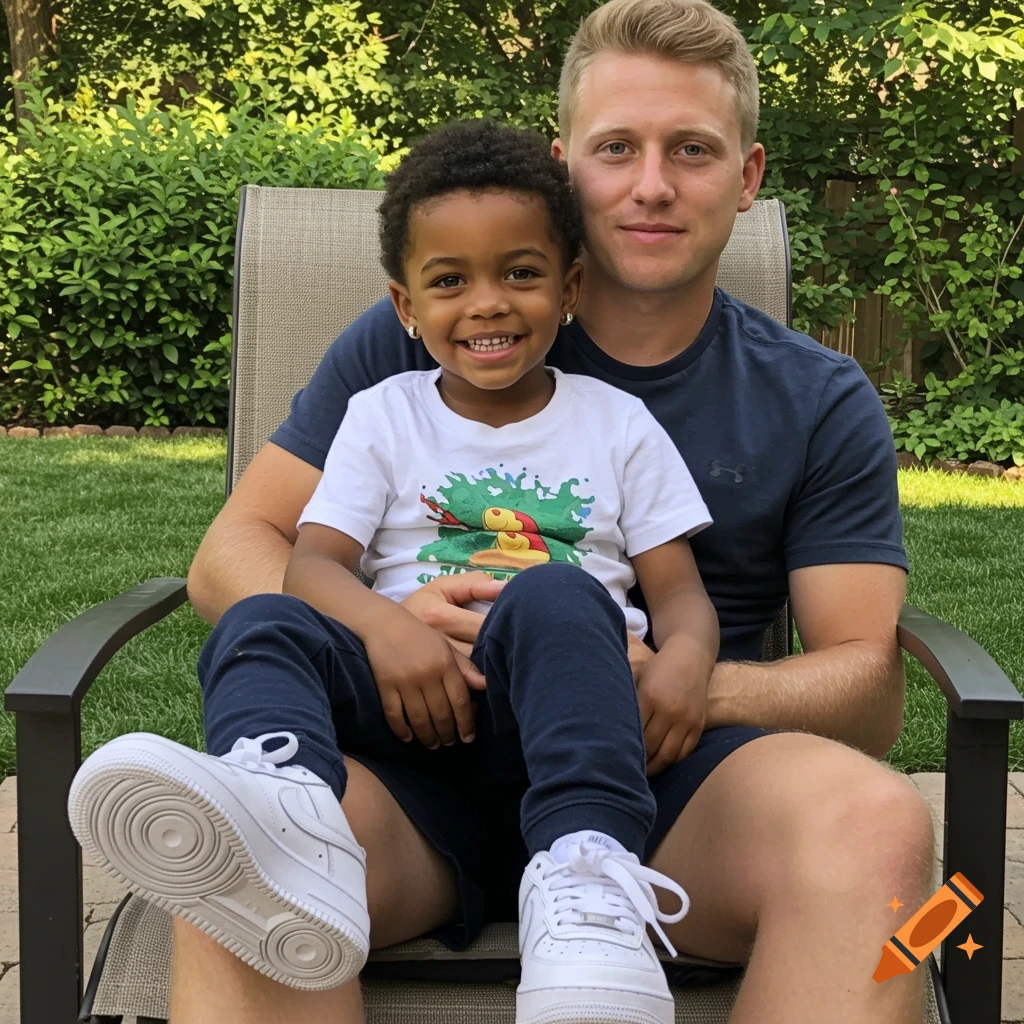 A man and a young boy with an Afro buzzcut are smiling, sitting on a patio chair in a lush green backyard.