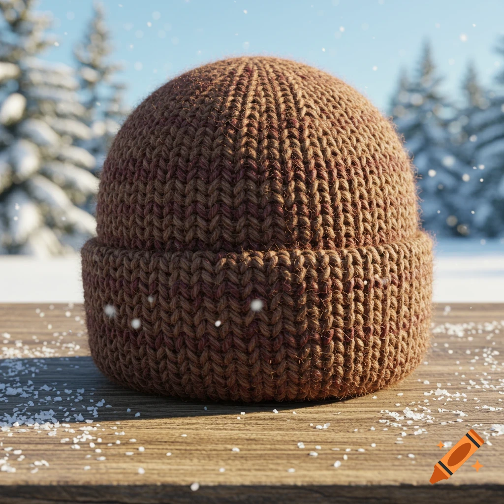 Photorealistic brown knitted beanie on a wooden table with falling snow, against a backdrop of snow-covered pine trees.