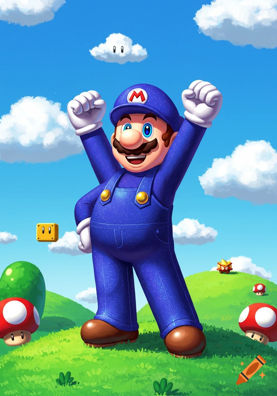 Blue-overalled Mario triumphantly raises his arms in a vibrant, stylized landscape with green hills, clouds, coin blocks, and mushrooms.