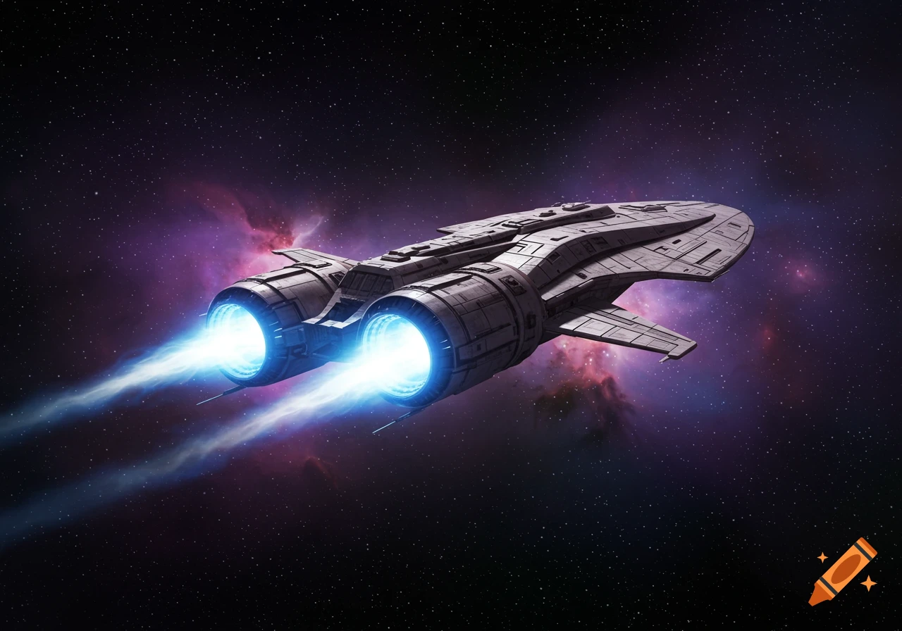 A gray spaceship with two glowing blue engines flies through space, with stars and a purple nebula in the background.