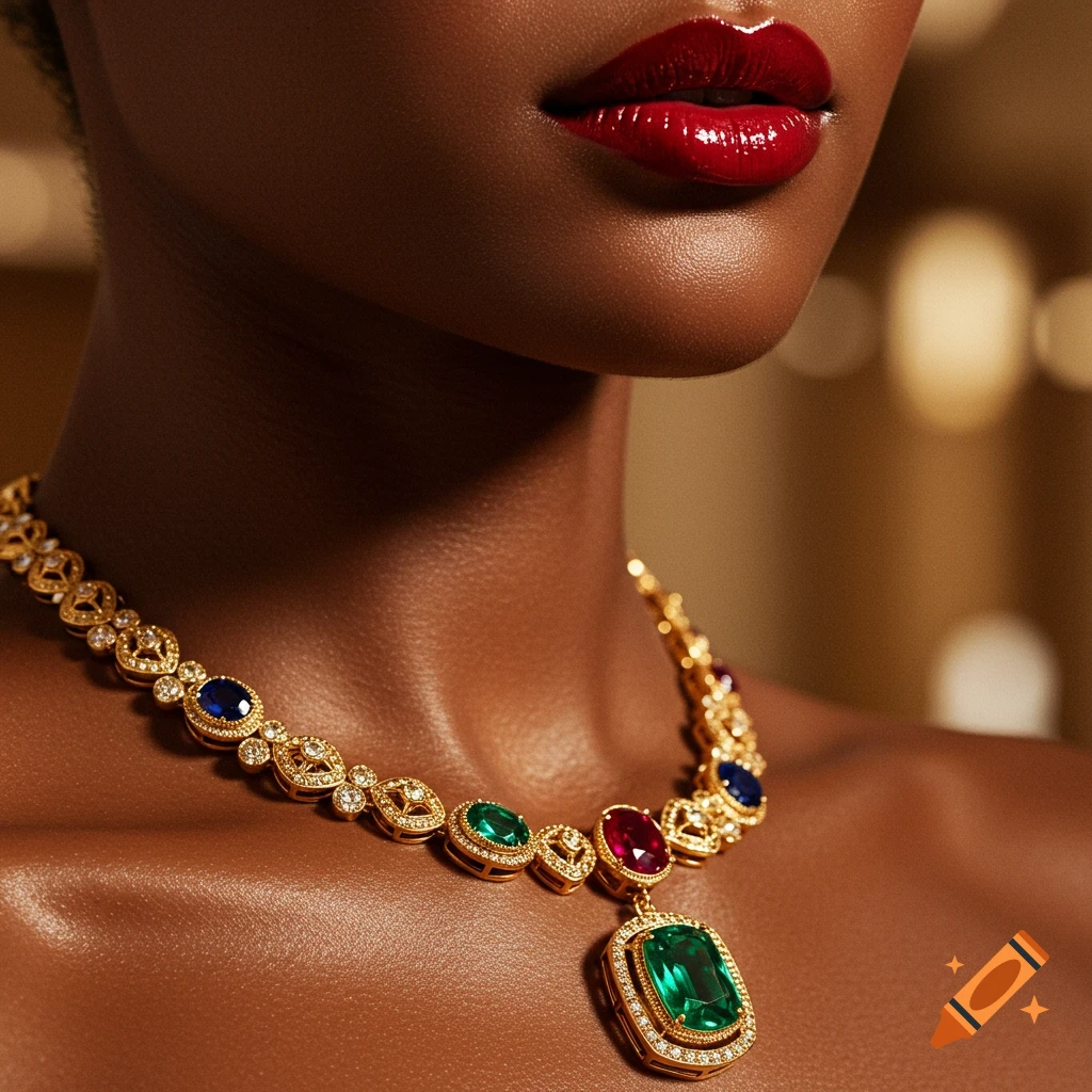 Close-up of a woman with red glossy lips and tanned skin wearing a photorealistic gold necklace with ruby, emerald, and sapphire gems.