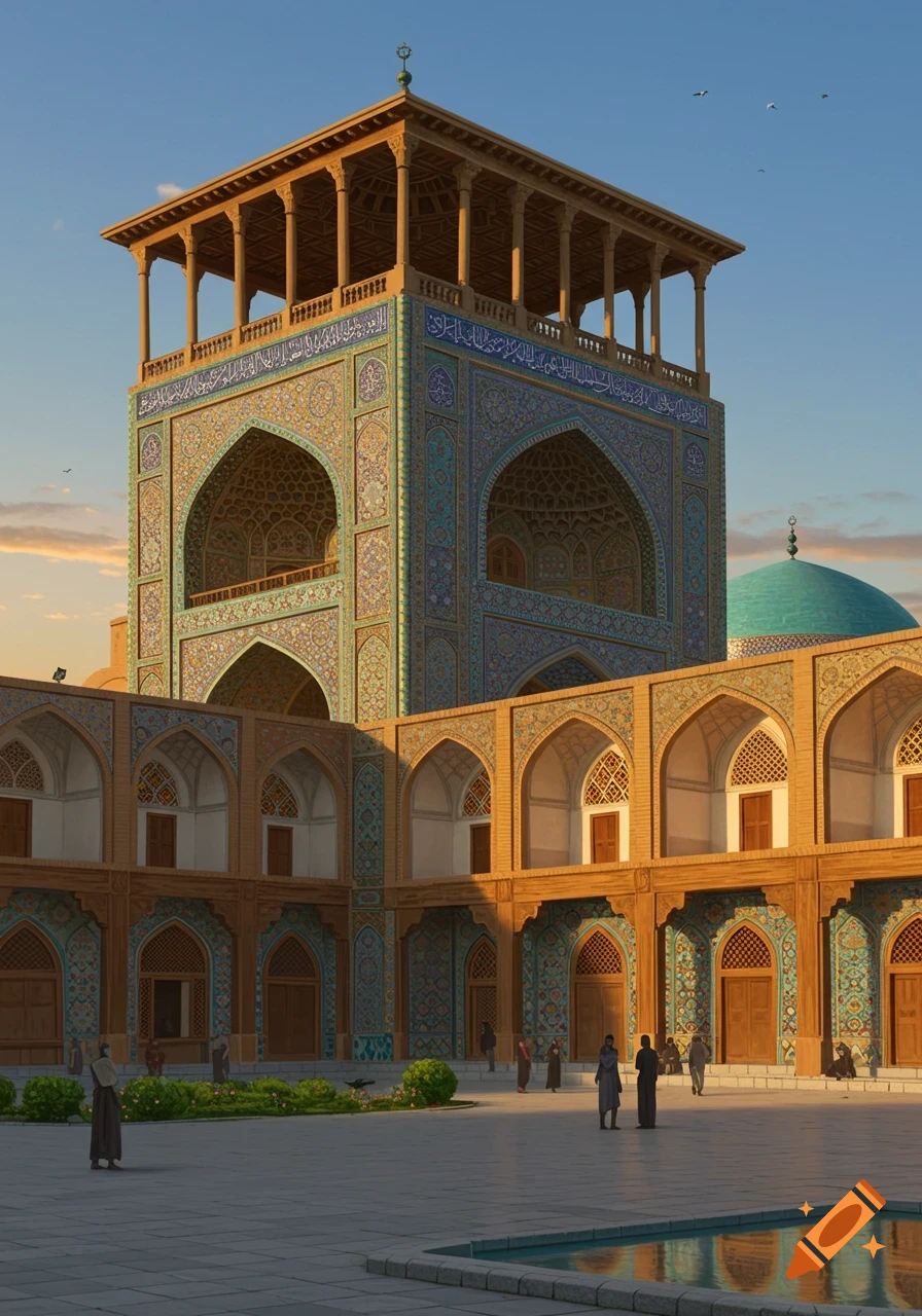Ornate Aali Qapu palace with a tall, tiled tower and turquoise dome, set in a courtyard with people at sunset.